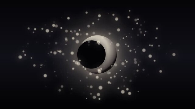 Abstract 3D solar eclipse with glowing particles on dark background