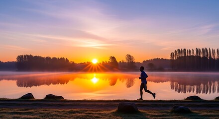 Fototapeta premium Man Running Along Lake Shore at Sunset.