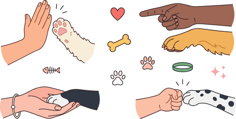 Human Hand and Pet Paw Gestures Icon Set with High Five Fist Bump Holding Hands and Pointing for Dog and Cat Friendship Vector Graphic Designs © Abul