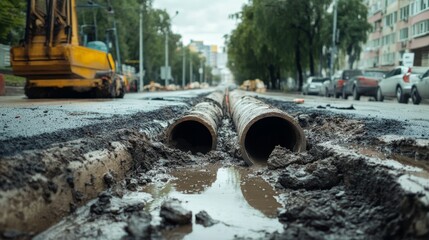Fototapeta premium Construction work is taking place on a city street with large pipes and muddy ground during the day