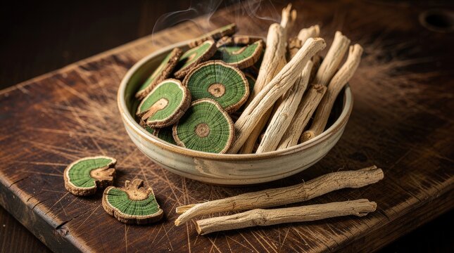 Dried Medicinal Roots and Slices in Rustic Bowl
