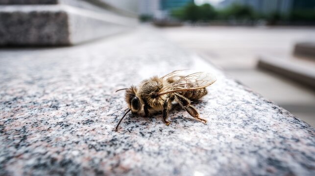 Dead bee lying on stone table surface symbolizing insect mortality environmental decline pollinator loss ecological imbalance and nature conservation concerns in closeup outdoor scene
