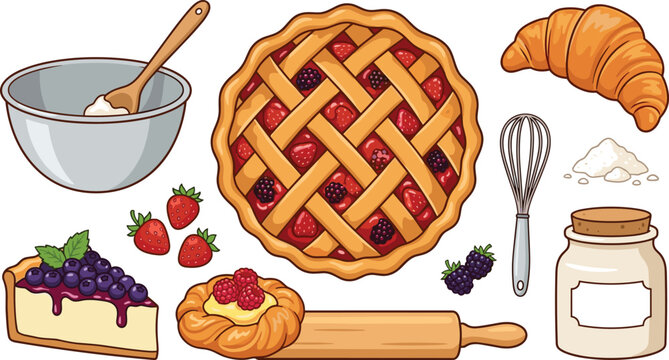 Baking and Pastry Icon Set with Lattice Berry Pie Croissant Cheesecake Danish Rolling Pin Whisk and Flour Jar for Bakery Culinary Vector Graphic Designs