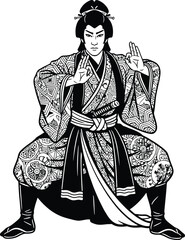 Obraz premium Samurai sitting with tea bowl in traditional pose