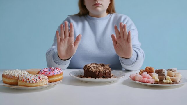 Overweight woman refusing sweet food to overcome sugar addiction, highlighting nutrition choices, healthy lifestyle motivation, weight management, self control and wellness transformation concept