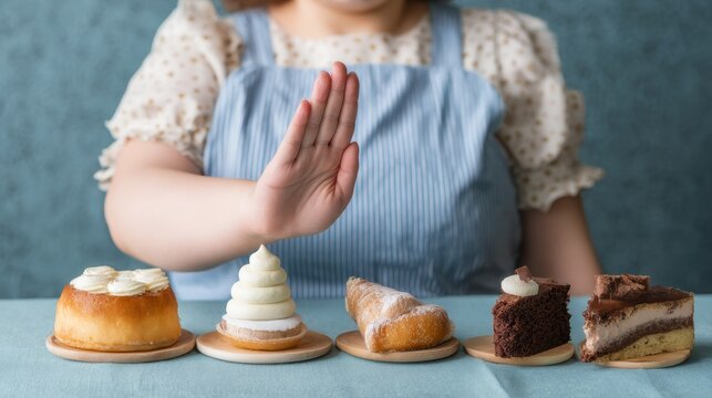 Overweight woman refusing sweet food to overcome sugar addiction, highlighting nutrition choices, healthy lifestyle motivation, weight management, self control and wellness transformation concept