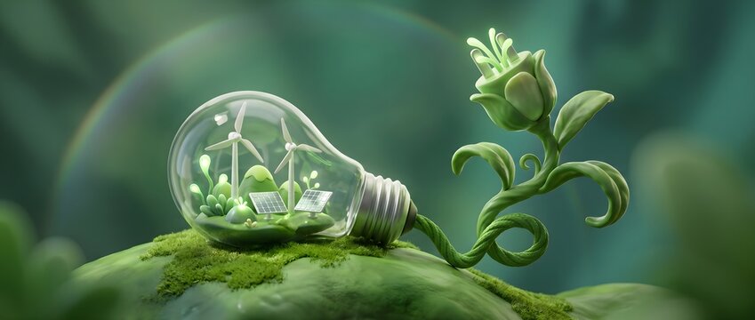 Green Energy Light Bulb with Solar Panels Wind Turbine and Growing Plant 3D Illustration