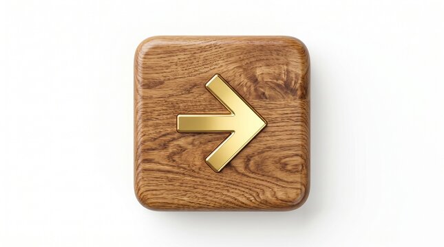 wooden button, square button, rounded corners, gold arrow, right arrow, metallic gold, wood grain texture, white