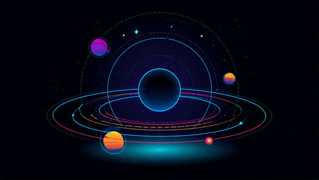 Futuristic Digital Space Scene with Planets and Orbit Lines in Neon Colors for Technology