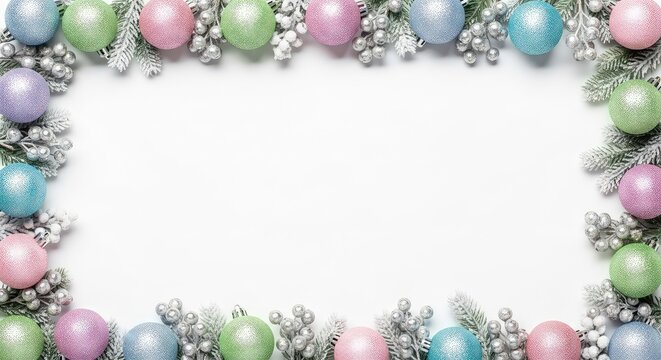 Elegant Christmas border featuring soft pastel baubles, frosted winter greenery, and silver berries against a clean white background space, spheres, shimmering, holiday