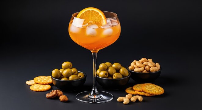Elegante calice di cocktail arancione con ghiaccio e arancia accanto a ciotole di olive e snack salati isolati su uno sfondo nero scuro, festa, oliva, lusso