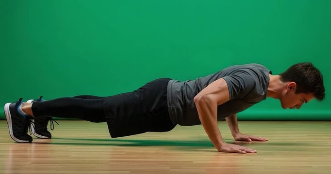 Man performing push ups exercise on green screen background