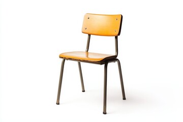Fototapeta premium Simple wooden chair with metal legs sits on a plain white background in a studio setting during daytime