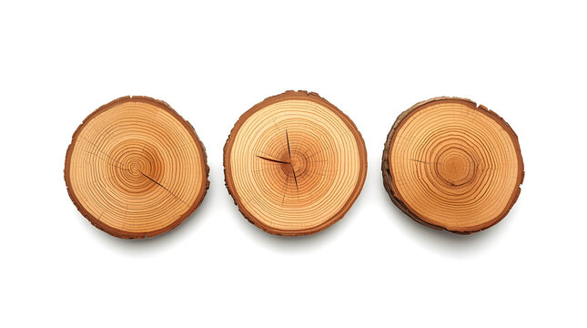 white background, showcasing three wooden tree cross-sections arranged horizontally. Each cross-section displays distinct growth rings, indicating the age of the trees. The wood slices vary slightly i