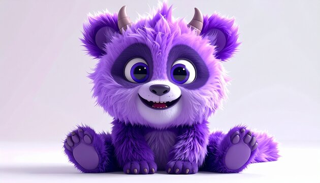 Adorable purple monster panda hybrid with small horns, fluffy fur, round body, big sparkling eyes, joyful animated expression, high quality cartoon creature, isolated on white background, modern 3D an