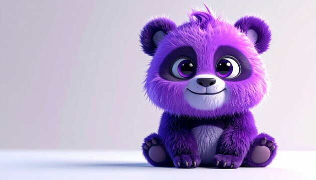 Adorable purple monster panda hybrid with small horns, fluffy fur, round body, big sparkling eyes, joyful animated expression, high quality cartoon creature, isolated on white background, modern 3D an