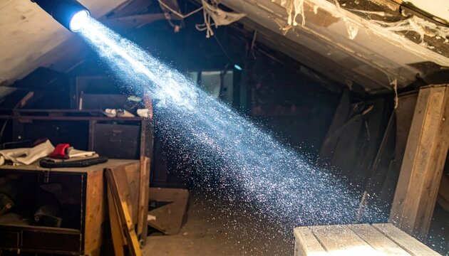 Officer's flashlight beam illuminates dusty, cluttered attic space, revealing forgotten objects and a sense of mystery