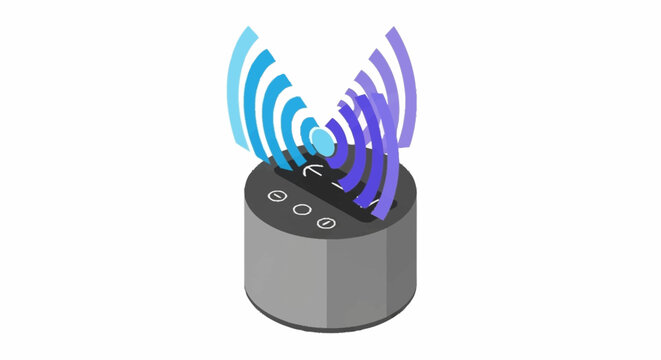 A gray Bluetooth speaker with blue and purple sound waves.