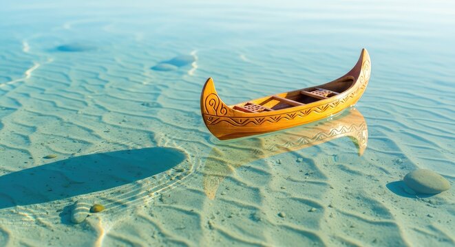 Pequena canoa de madeira decorativa flutuando sobre &aacute;guas calmas e cristalinas do oceano sob uma luz suave e serena de um dia ensolarado, miniature art, ripple, clear