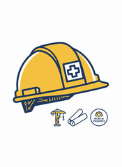 Fototapeta premium Yellow Safety Hard Hat Illustration with Construction Crane Blueprints and Work in Progress Badge for Engineering and Industrial Site Concepts