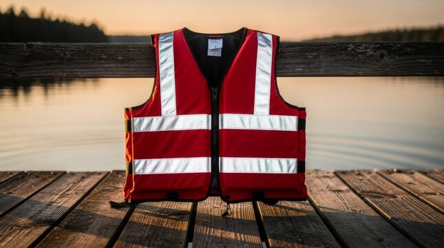 Red Safety Lifejacket on Wooden Pier at Sunset