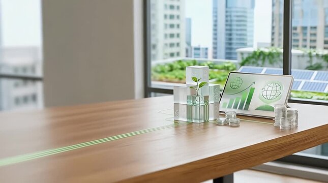 Bright Modern Office Scene with Green Plant and Data Visualization Elements