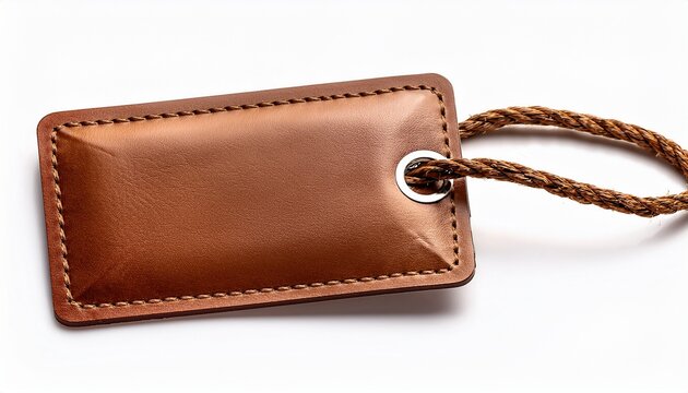 brown leather luggage tag with a loop of string isolated on white background