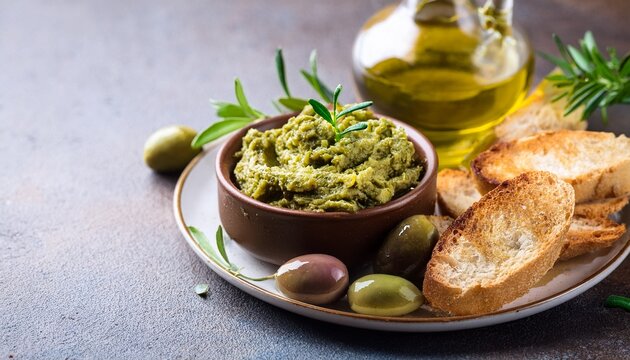 green olive tapenade with fresh herbs and bread slices mediterranean cuisine vegan veganuary