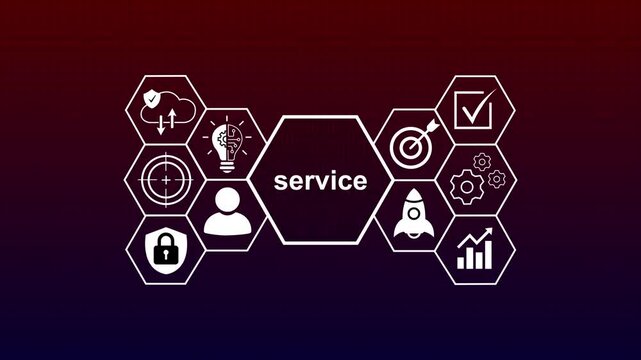 Customer Service Concept Loop Animation with Corporate Hexagon Icons, Abstract Business Support Strategy and Tech Target Motion Graphic