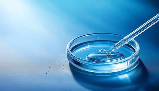 pipette with sample of cosmetic product in petri dish on blue background selective focus