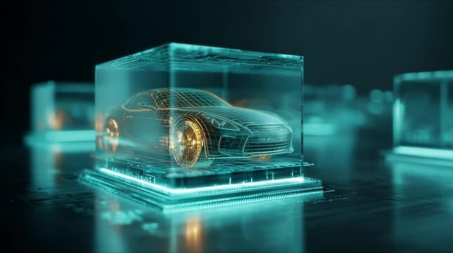 3D vertical semiconductor cube matrix containing wireframe sports car (AI Generated)