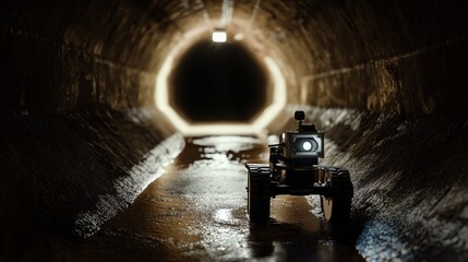 Fototapeta premium Robot explores dark tunnel with light from its camera in underground sewer system