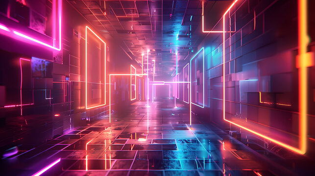 Layered neon squares with perspective showing bright neon squares layered to create compelling perspective art illusion, .