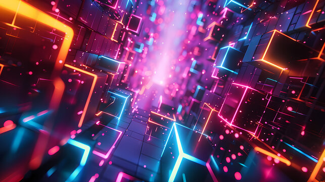 Layered neon squares with perspective showing bright neon squares layered to create compelling perspective art illusion, dark background makes bright layered neon squares appear to float in space.