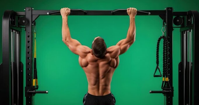 Athlete performing pull ups on exercise equipment against a vivid green backdrop