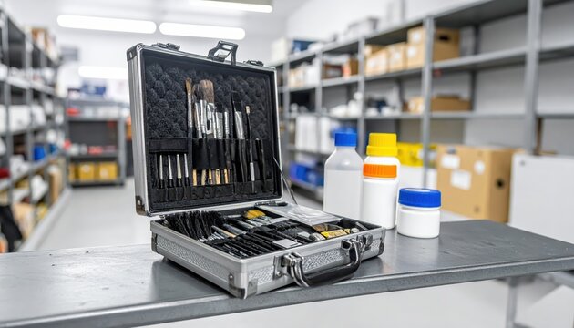 Opened police forensics kit with brushes, powders, and evidence markers, alongside lab bottles and containers on a counter.