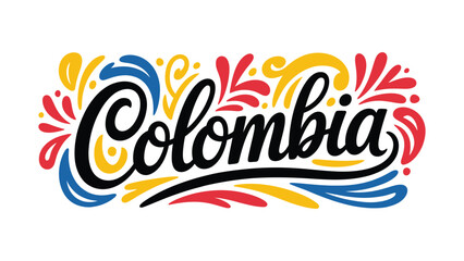 colombia hand lettering typography design with colorful decorative swirls and national pride celebration text isolated on white background vector © Zavivec