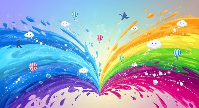 Rainbow colors burst in a fluid explosion of liquid paint decorated with whimsical floating hot air balloons.