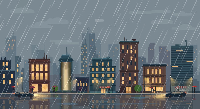 Pixel Art Cityscape with Heavy Rain and Reflections at Night