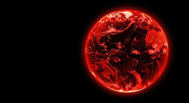 A detailed globe of the earth glowing with an intense red light against dark space, symbolizing a global crisis, extreme heat, and danger, art, light, environment