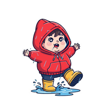 Happy child playing in rain with red jacket and boots.