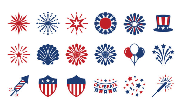 Fourth of july icon set fireworks uncle sam hat and patriotic american symbols