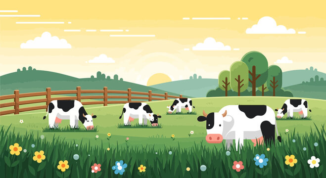 Cute Holstein Cows Grazing in a Green Pasture at Sunrise, Farm Landscape