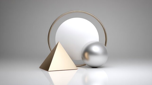 Three dimensional geometric shapes featuring metallic and matte materials displayed on a reflective surface