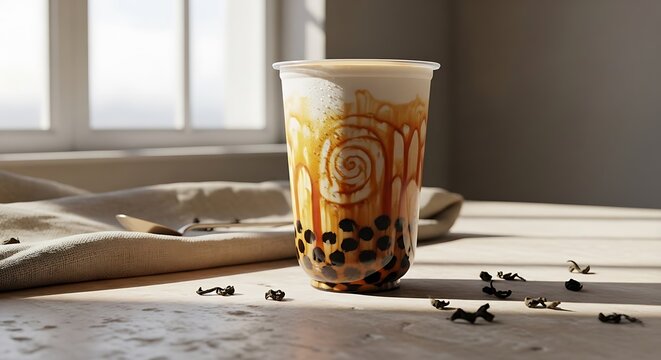 Freshly made brown sugar bobba tea with chewy tapioca pearls in a clear cup on a wooden table, illuminated by natural sunlight from a window.
