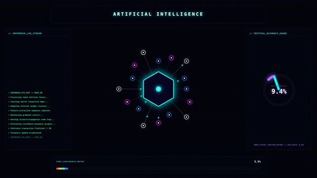 Futuristic technology motion featuring dynamic hexagon and circular data visualization with glowing neon effects and animated interface elements.
