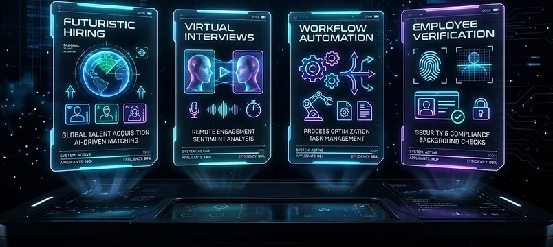 Futuristic hr technology interface with symbols for hiring virtual interviews workflow automation and employee verification on a dark background with neon lights