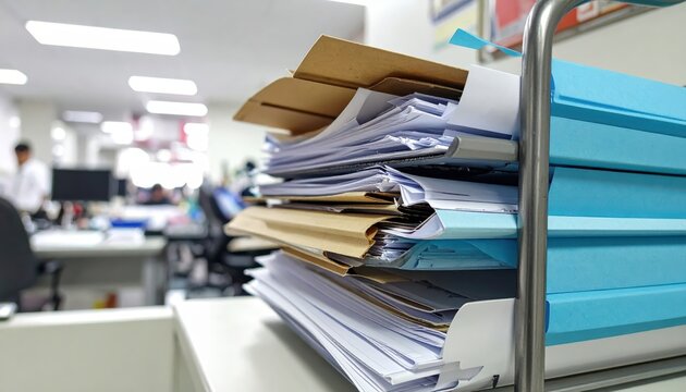 Organized stack of medical paper charts in manila folders secured in an office rack