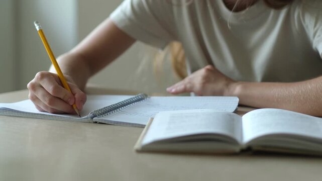 Hand of student writing in paper notebook with open book on table. Concept of self-education, academic research and literacy