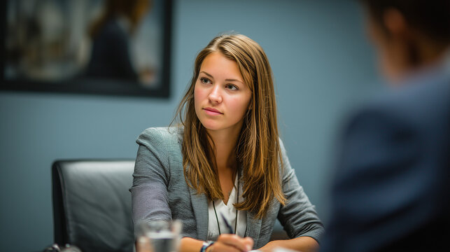 Candid attorney portrait during business law consultation meeting, shallow focus background